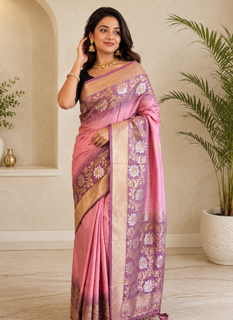pink color zari weaves contrast pallu and designer chaap border dual tone silk blend saree