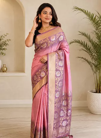 pink color zari weaves contrast pallu and designer chaap border dual tone silk blend saree
