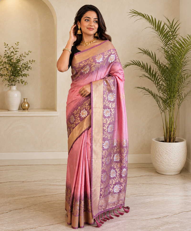 pink color zari weaves contrast pallu and designer chaap border dual tone silk blend saree