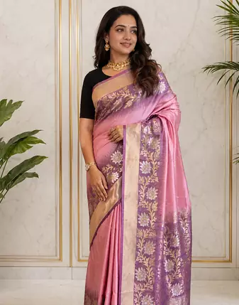 pink color zari weaves contrast pallu and designer chaap border dual tone silk blend saree