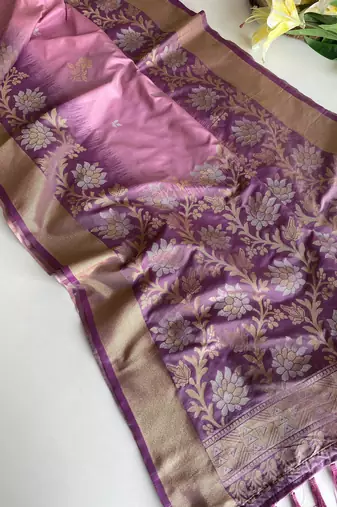 pink color zari weaves contrast pallu and designer chaap border dual tone silk blend saree