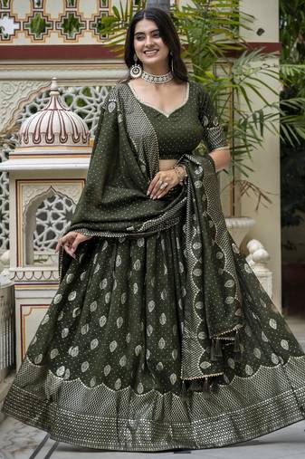 MEHENDI VICHITRA SILK PARTY WEAR EMBROIDERY ANARKALI LEHENGA CHOLI