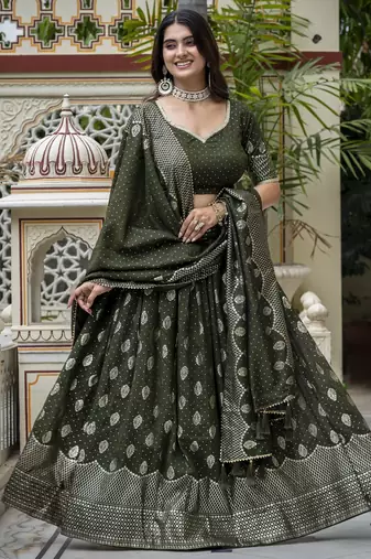 MEHENDI VICHITRA SILK PARTY WEAR EMBROIDERY ANARKALI LEHENGA CHOLI