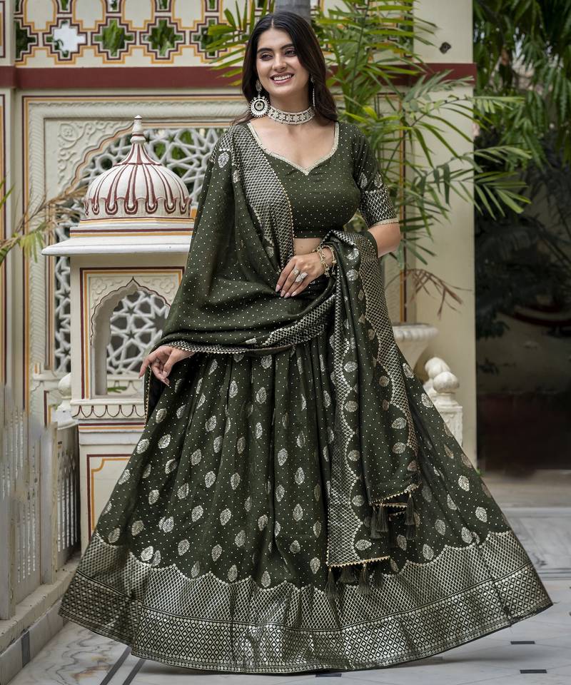 MEHENDI VICHITRA SILK PARTY WEAR EMBROIDERY ANARKALI LEHENGA CHOLI