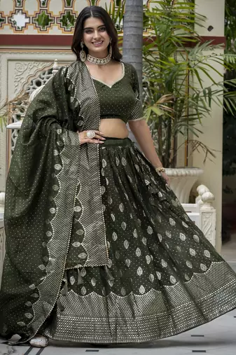 MEHENDI VICHITRA SILK PARTY WEAR EMBROIDERY ANARKALI LEHENGA CHOLI