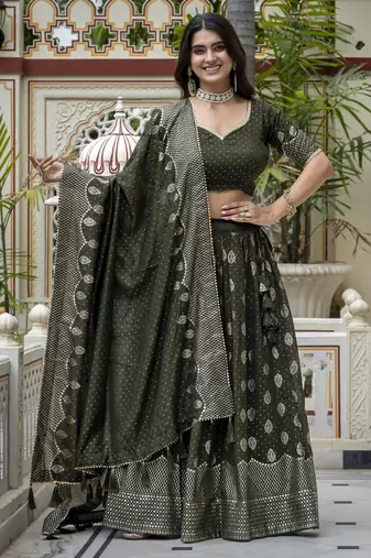 MEHENDI VICHITRA SILK PARTY WEAR EMBROIDERY ANARKALI LEHENGA CHOLI
