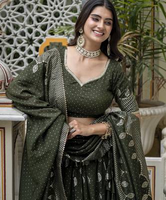 MEHENDI VICHITRA SILK PARTY WEAR EMBROIDERY ANARKALI LEHENGA CHOLI 4
