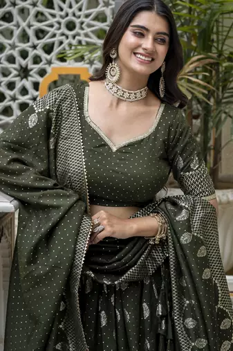 MEHENDI VICHITRA SILK PARTY WEAR EMBROIDERY ANARKALI LEHENGA CHOLI