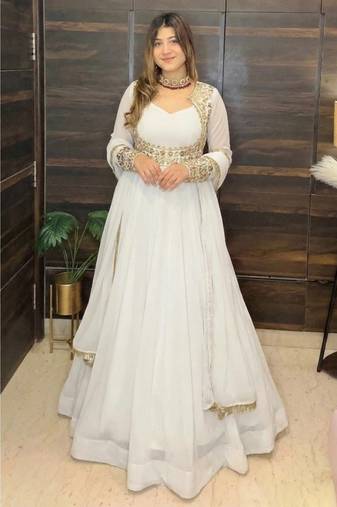 white embroidery georgette full stitched anarkali suit 