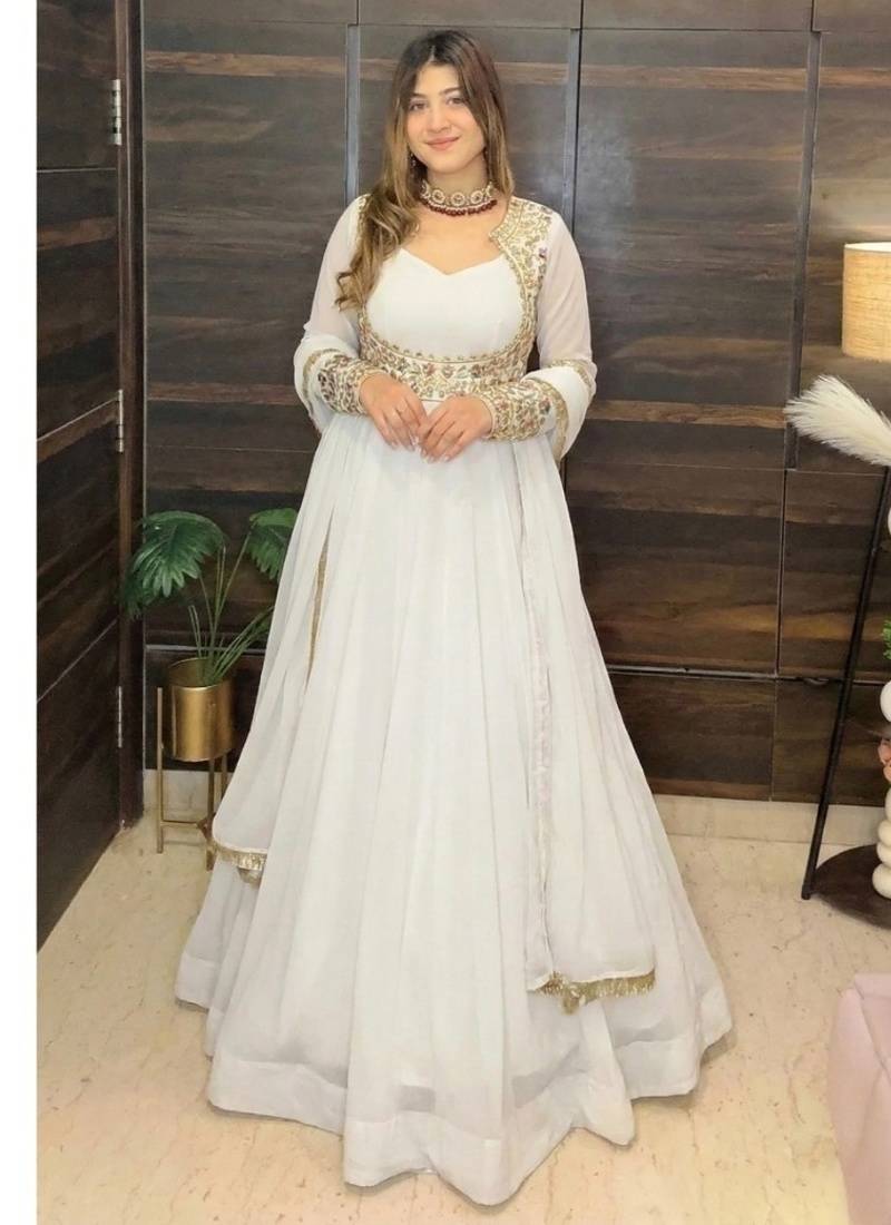 white embroidery georgette full stitched anarkali suit 