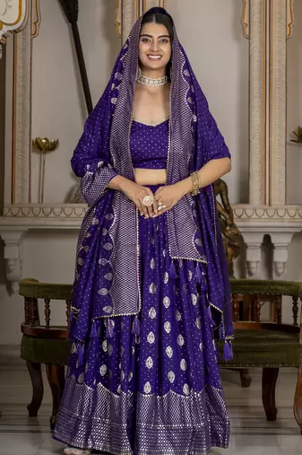 PURPLE VICHITRA SILK PARTY WEAR EMBROIDERY ANARKALI LEHENGA CHOLI