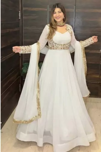 white embroidery georgette full stitched anarkali suit 