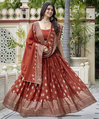ORANGE VICHITRA SILK PARTY WEAR EMBROIDERY ANARKALI LEHENGA CHOLI 1