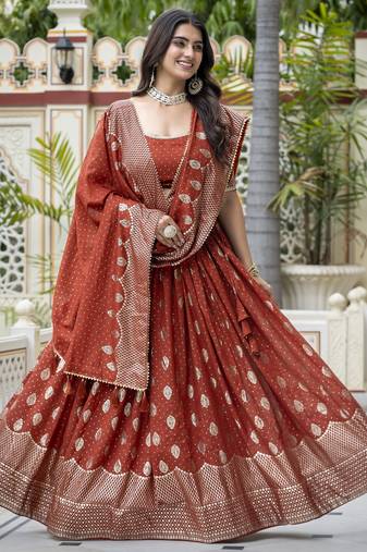 ORANGE VICHITRA SILK PARTY WEAR EMBROIDERY ANARKALI LEHENGA CHOLI