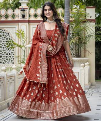 ORANGE VICHITRA SILK PARTY WEAR EMBROIDERY ANARKALI LEHENGA CHOLI 2