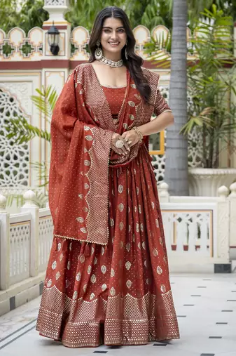 ORANGE VICHITRA SILK PARTY WEAR EMBROIDERY ANARKALI LEHENGA CHOLI