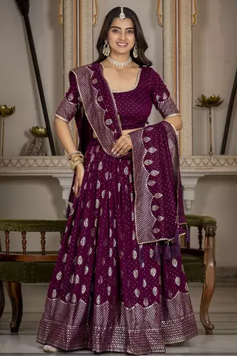 WINE VICHITRA SILK PARTY WEAR EMBROIDERY ANARKALI LEHENGA CHOLI