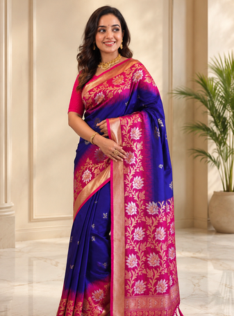 purple color zari weaves contrast pallu and designer chaap border dual tone silk blend saree