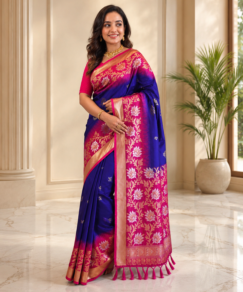 purple color zari weaves contrast pallu and designer chaap border dual tone silk blend saree