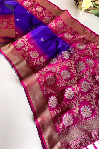 purple color zari weaves contrast pallu and designer chaap border dual tone silk blend saree
