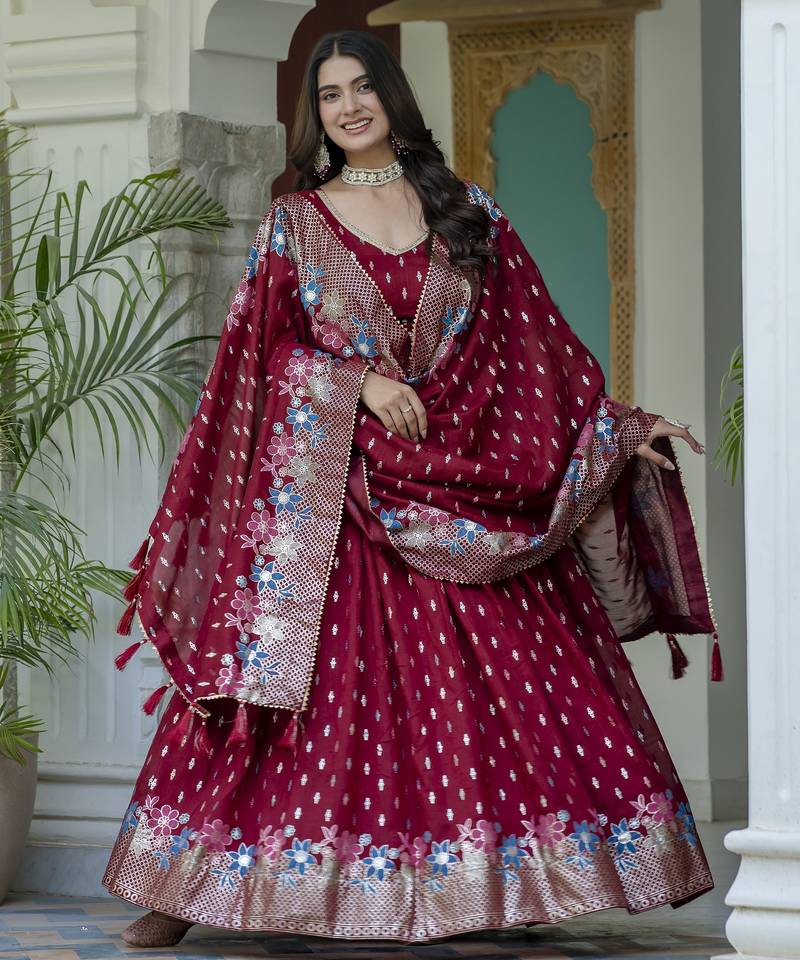 MAROON VICHITRA SILK PARTY WEAR EMBROIDERY ANARKALI LEHENGA CHOLI