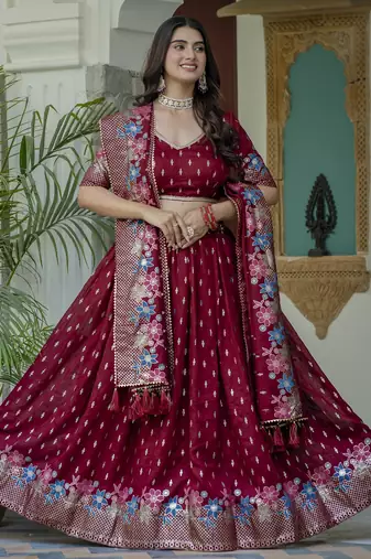 MAROON VICHITRA SILK PARTY WEAR EMBROIDERY ANARKALI LEHENGA CHOLI