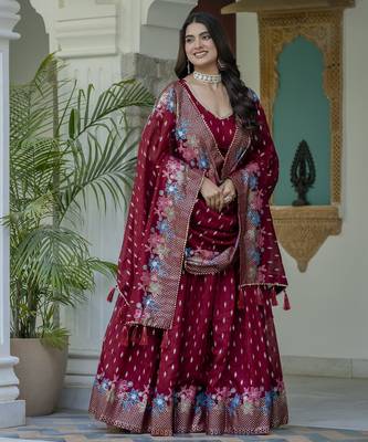 MAROON VICHITRA SILK PARTY WEAR EMBROIDERY ANARKALI LEHENGA CHOLI 4