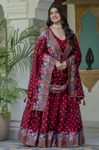 MAROON VICHITRA SILK PARTY WEAR EMBROIDERY ANARKALI LEHENGA CHOLI