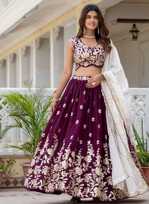 WINE Georgette  PARTY WEAR EMBROIDERY ANARKALI LEHENGA CHOLI 1