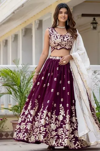 WINE Georgette  PARTY WEAR EMBROIDERY ANARKALI LEHENGA CHOLI