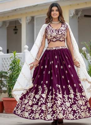 WINE Georgette  PARTY WEAR EMBROIDERY ANARKALI LEHENGA CHOLI 2