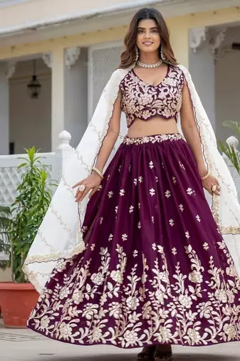WINE Georgette  PARTY WEAR EMBROIDERY ANARKALI LEHENGA CHOLI