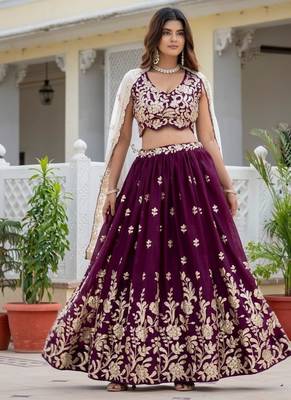 WINE Georgette  PARTY WEAR EMBROIDERY ANARKALI LEHENGA CHOLI 3
