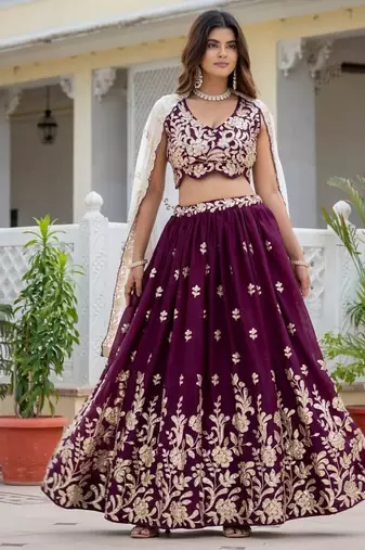 WINE Georgette  PARTY WEAR EMBROIDERY ANARKALI LEHENGA CHOLI