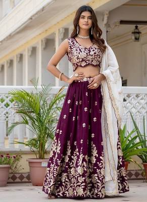 WINE Georgette  PARTY WEAR EMBROIDERY ANARKALI LEHENGA CHOLI 4