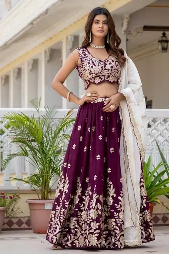WINE Georgette  PARTY WEAR EMBROIDERY ANARKALI LEHENGA CHOLI