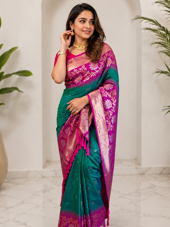 sea green color zari weaves contrast pallu and designer chaap border dual tone silk blend saree
