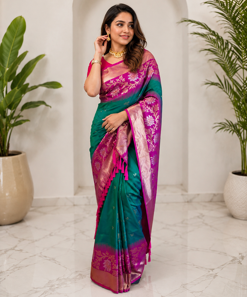 sea green color zari weaves contrast pallu and designer chaap border dual tone silk blend saree