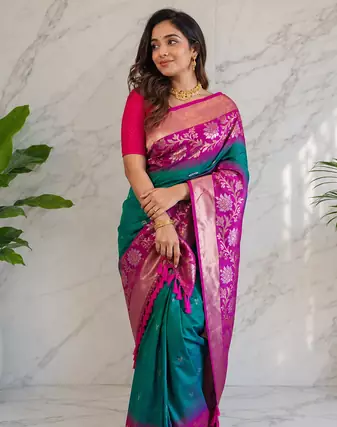 sea green color zari weaves contrast pallu and designer chaap border dual tone silk blend saree