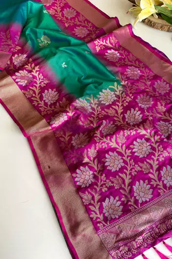 sea green color zari weaves contrast pallu and designer chaap border dual tone silk blend saree