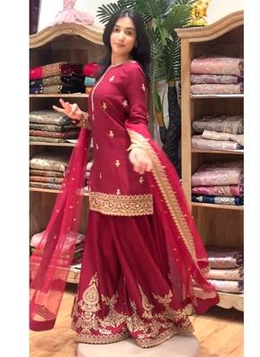 red embroidery crep full stitched sharara plazo 1