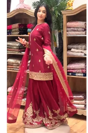 red embroidery crep full stitched sharara plazo