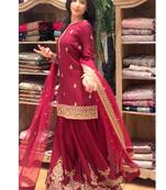 red embroidery crep full stitched sharara plazo