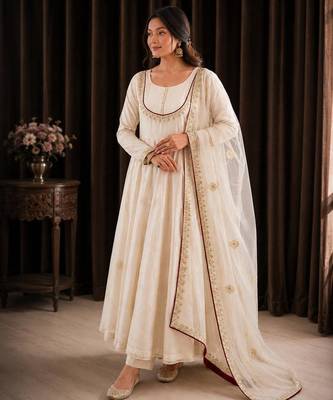 white color thread and sequin embroidery work with gpo lace border cotton gown set 1