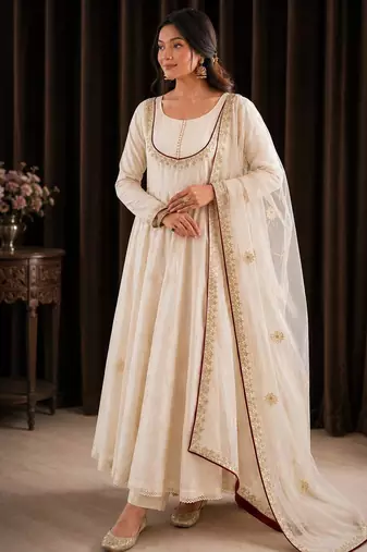 white color thread and sequin embroidery work with gpo lace border cotton gown set
