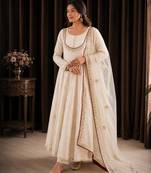 white color thread and sequin embroidery work with gpo lace border cotton gown set