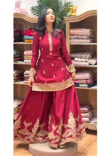 red embroidery crep full stitched sharara plazo
