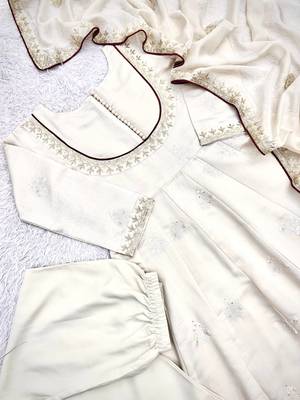 white color thread and sequin embroidery work with gpo lace border cotton gown set 2