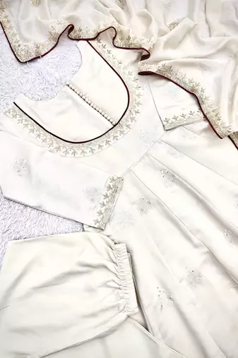 white color thread and sequin embroidery work with gpo lace border cotton gown set