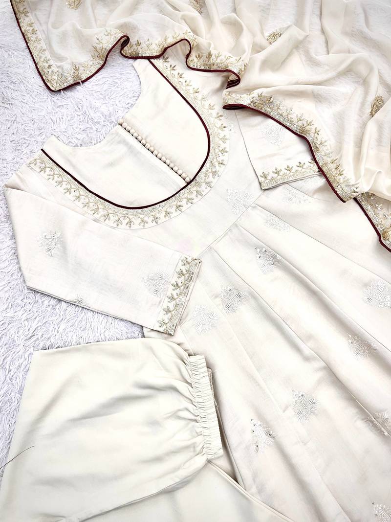 white color thread and sequin embroidery work with gpo lace border cotton gown set